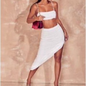 Pearls Beaded Crop Cami Top & Ruched Side Asymmetrical Hem Skirt